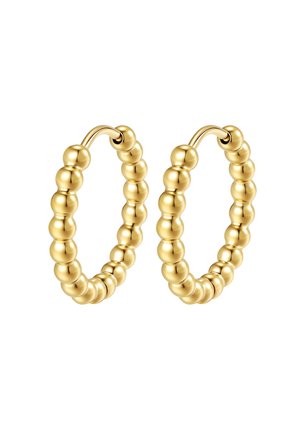 Gold-tone hoop earrings made of connected round beads with a polished finish and hinge closure.