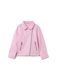 Roze neplederen jas met een kraag, ritssluiting aan de voorkant en twee zijzakken. Kenmerkt stiksels en een getailleerd silhouette.