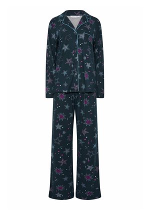 Ensemble de pyjama bleu foncé à manches longues avec boutons, pantalon à larges jambes, décoré de motifs d'étoiles et de points roses et bleu clair.