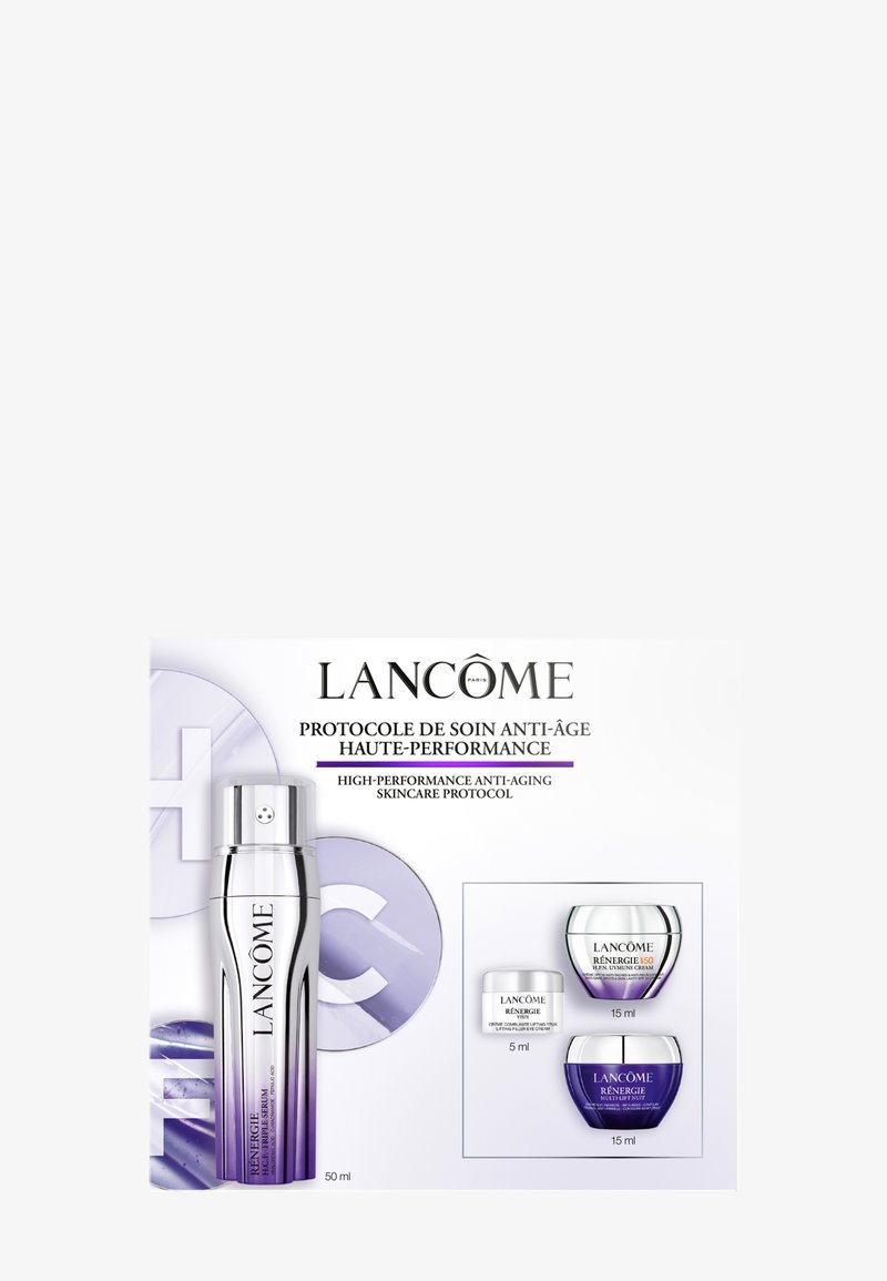 Coffret de soins anti-âge haute performance Lancôme comprenant un sérum (50 ml) et trois crèmes (5 ml, 15 ml, 15 ml) dans un emballage argenté et violet.