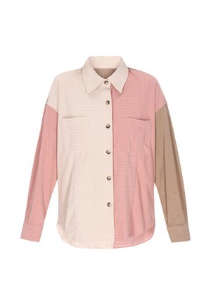 Langærmet skjorte med knapper i creme, pink og brun stribet stof med to frontlommer og en klassisk krave. Blød tekstur, afslappet pasform.