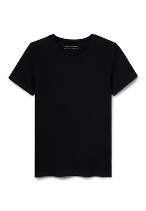 Zwarte kortebloemige t-shirt gemaakt van biologisch katoen, met een ronde halslijn en een soepel gevoel. Eenvoudig en minimalistisch ontwerp.