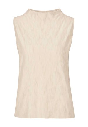 Ärmellose cremefarbene Bluse mit strukturiertem wellenförmigem Muster und hohem Rundhalsausschnitt.