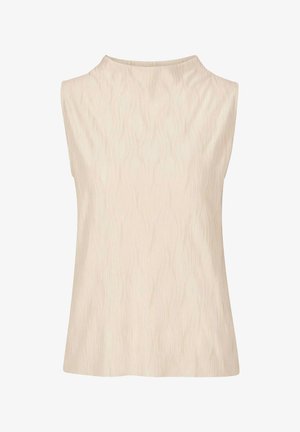 Ärmellose cremefarbene Bluse mit strukturiertem wellenförmigem Muster und hohem Rundhalsausschnitt.