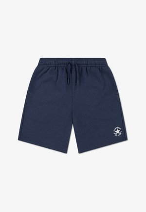 Granatowe szorty bawełniane z elastycznym pasem i sznurkiem do regulacji, z bocznymi kieszeniami oraz białym logo na dolnej lewej nogawce.