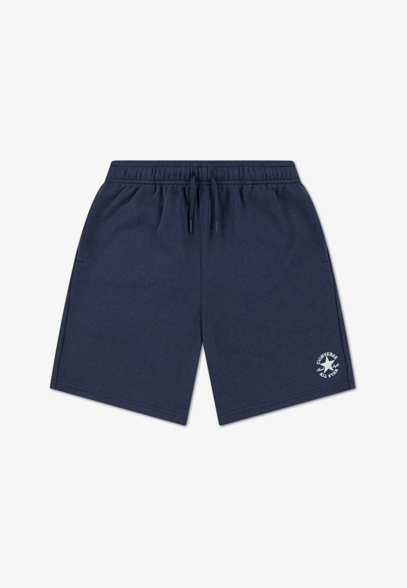 Σκούρα μπλε βαμβακερά σορτς με ελαστική μέση και κορδόνι, με πλαϊνές τσέπες και λευκή διακοσμητική λεπτομέρεια με λογότυπο στο κάτω αριστερό πόδι.