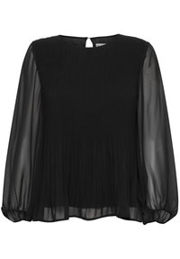 Zwarte geplooide blouse met lange doorschijnende mouwen, ronde halslijn en een kleine keyhole opening aan de achterkant. Lichtgewicht, soepel vallende stof.