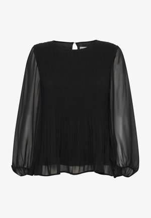 Čierna blúzka so skladmi a dlhými priesvitnými rukávmi, okrúhlym výstrihom a malým oknom na chrbte. Ľahký, splývavý materiál.