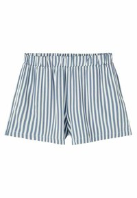 Randiga shorts med en horisontell design i ljusblått och vitt, med resårmidja och en avslappnad passform. Tyget verkar slätt.