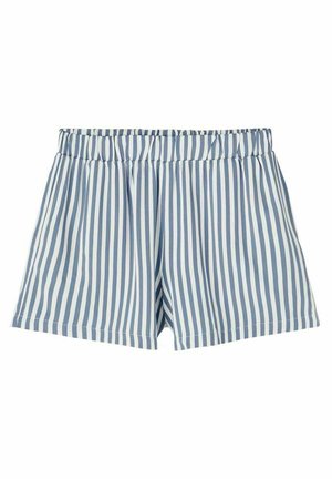 Pasiaste szorty w poziomym wzorze w jasnoniebieskim i białym kolorze, z elastycznym paskiem w talii i luźnym krojem. Materiał wygląda na gładki.