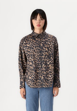 Leopard print button-up shirt in blended browns and blacks, featuring a collar, long sleeves, and a relaxed fit. Textured fabric, smooth finish.