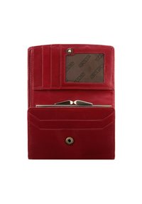 Rotes Lederportemonnaie mit Kartenfächern, einem durchsichtigen ID-Fach, einem Druckknopfverschluss und einem strukturierten Innenraum, in dem der Markenname sichtbar ist.