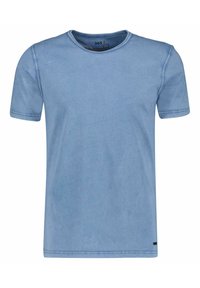 Ljusblå kortärmad T-shirt med rund halsringning, tillverkad av mjukt tyg, med enkla sömnadsdetaljer och en liten logotags vid fållen.