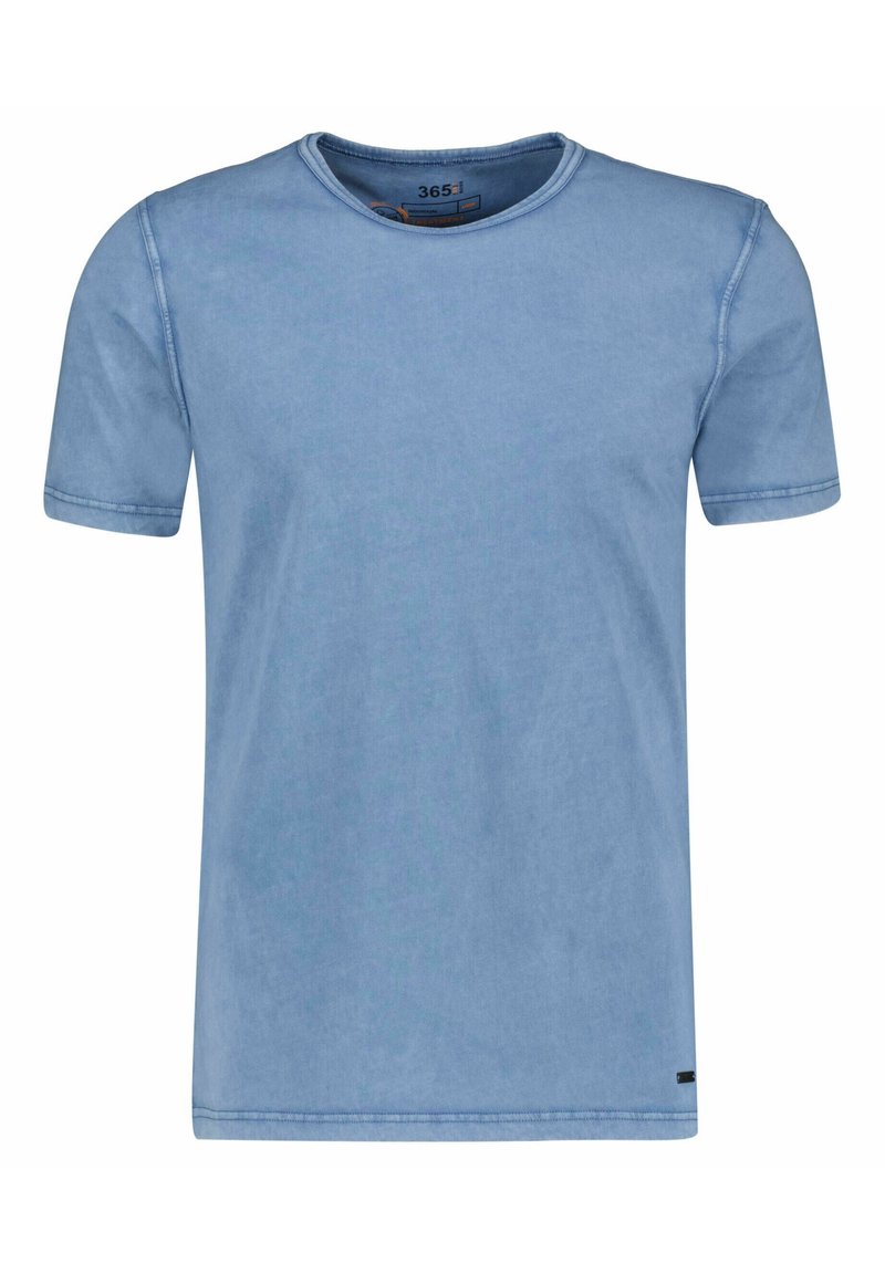 Ljusblå kortärmad T-shirt med rund halsringning, tillverkad av mjukt tyg, med enkla sömnadsdetaljer och en liten logotags vid fållen.