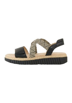 Sandale noire pour femme avec semelle épaisse rainurée, brides croisées en tissu beige et noir tissé, et bandes en cuir noir au talon et à l’orteil.