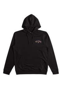 Sudadera negra hecha de una tela suave. Cuenta con un bolsillo frontal tipo canguro, capucha ajustable con cordón y un logo impreso en el pecho.