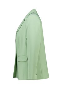 Mintgroene blazer met een gestructureerd ontwerp, voorzien van een geknipt revers, een enkele voorkantzak en drie knopdetails op de mouwen.