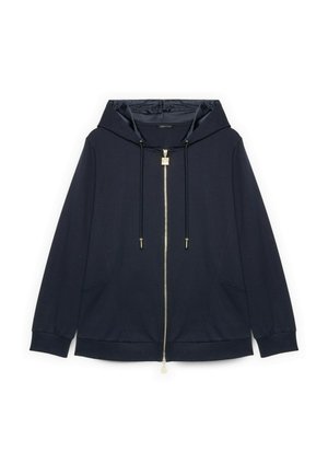 Mørkeblå hættetrøje med lynlås, snoretræk i hætten, lange ærmer, forlommer og detaljer med guldfarvet lynlåstrækker.