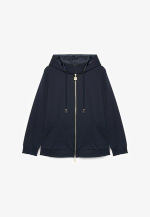 Jachetă bleumarin cu glugă și fermoar, cu șnururi, mâneci lungi, buzunare frontale și detaliu auriu la fermoar.