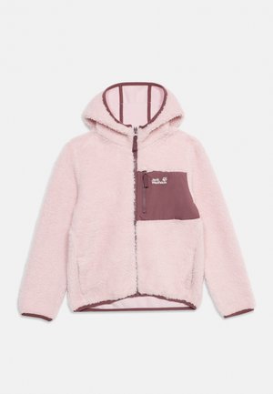 Hele roosa fliisist lukuga jakk kapuutsiga, kontrastne mauve rinnatasku ja ääris, rinna taskul kaubamärgiga logo.