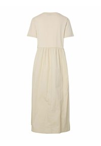 Robe midi beige à manches courtes avec taille froncée et jupe droite et ample, vue de dos sur fond blanc.