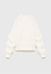 Bela skrajšana jopica s fru fru detajli na rokavih, okroglo dekolte inteksturirana tkanina. Mehka, lahka pletenina z rebrastimi manšetami.