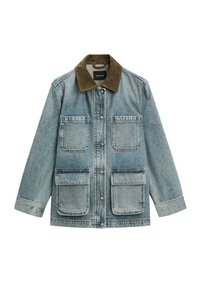 Jeansjack in lichtblauw met een donkerbruine suède kraag, voorzien van vier voorzakken en een rechte snit. Klassiek ontwerp met een subtiele textuur.