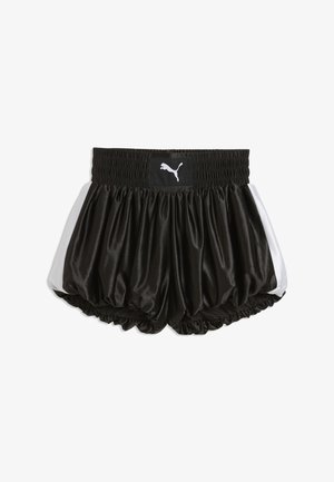 Czarne błyszczące sportowe szorty z marszczonym, elastycznym pasem, białymi bocznymi panelami i logo Puma na środku przedniego pasa.