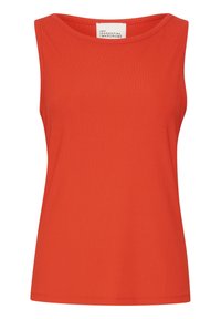 Ribbet orange tanktop med rund halsudskæring og ærmeløs design. Glat tekstur med en skræddersyet pasform. Ingen synlig hardware eller detaljer.