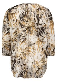Blouse ample à manches longues avec motif floral abstrait dans des tons beige, marron, noir et blanc, vue de dos.
