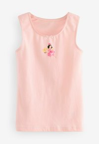 Ärmelloses pinkes Tanktop aus weicher Baumwolle. Verfügt über ein gesticktes Design eines Charakters und florale Akzente am Halsauschnitt.