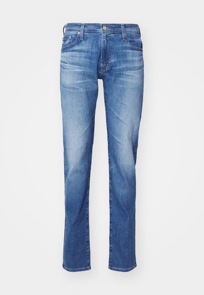 Light blue denim jeans with a straight-leg cut, featuring a classic five-pocket design, subtle fading, and a standard waistband with a button.