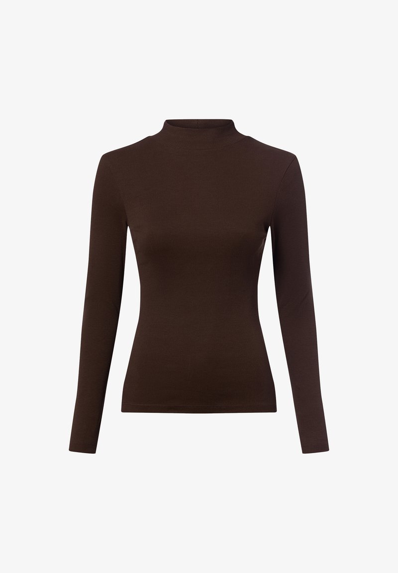 Braunes, geripptes Langarm-Turtleneck-Top mit schmaler Passform und glatter Textur. Keine Muster oder zusätzlichen Akzente.