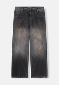 Jeans s širokimi hlačnicami iz bledenega črnega denima. Ima ukrivljene šive in oprane robove. Štirje žepi in zaponka na gumb.