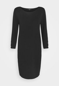 Robe noire en tissu texturé, avec un décolleté rond, des manches trois-quarts avec des accents de bouton et une silhouette ajustée.