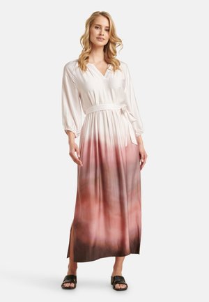 Maxi dress in a silky fabric, featuring a V-neckline, long sleeves, and a gradient color from cream to pink, with side splits and a tie waist.