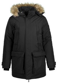 Parka noire avec capuche en fausse fourrure, fermeture éclair, poches latérales et poignets côtelés. Tissu extérieur lisse avec finition mate.