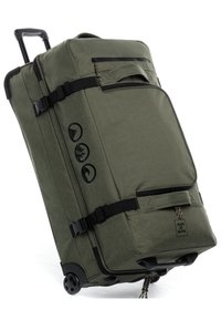 Borsa da viaggio duffel in tessuto verde con forma rettangolare, tasche con zip, manici neri e tre icone stampate sul lato.