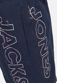 Pantalones cortos navy hechos de una tela ligera que presentan grandes gráficos de texto en blanco y rojo. Se aprecia un bolsillo lateral y detalles de costura.
