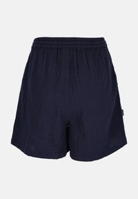 Shorts en lin bleu marine avec une taille élastique, présentant une finition texturée et une coupe décontractée, idéals pour un usage quotidien.