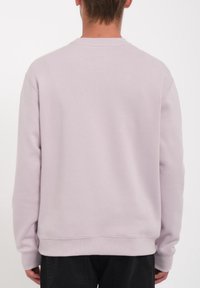 Felpa viola chiaro con scollo rotondo a costine, maniche lunghe e polsini aderenti. Tessuto liscio con una vestibilità comoda, senza marchi visibili.