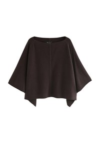 Dark brown, wool blend poncho with a square neckline, wide sleeves, and a boat-style cut. Features a center seam and a relaxed fit.