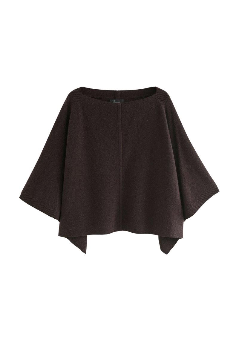 Dark brown, wool blend poncho with a square neckline, wide sleeves, and a boat-style cut. Features a center seam and a relaxed fit.