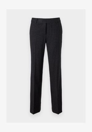 Svarte pinstripede bukser laget av teksturert stoff. Har flat front, beltehemper og rette ben. Ingen synlig maskinvare eller accenter.