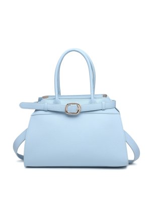 Sac à main en cuir bleu clair avec double poignée, une bandoulière amovible et une ceinture avant avec une boucle dorée.