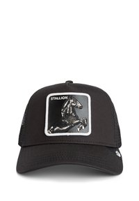 Casquette noire avec un panneau frontal structuré, ornée d'un design de cheval brodé sur un patch carré. Dos en mesh pour une meilleure respirabilité.