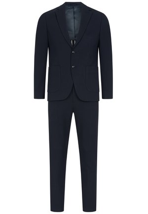 Men’s dark navy two-button suit jacket with notch lapels and matching tapered trousers.