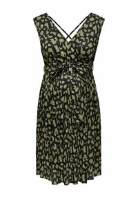 Svart och olivgrön mönstrad gravidklänning med plisserad design, V-ringning och knytbälte som framhäver midjan.