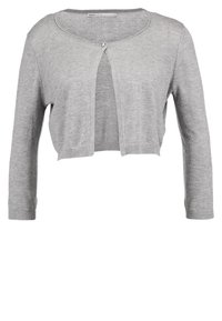 Ljusgrå kort cardigan i mjuk stickad tyg. Har långa ärmar, rund halsringning och en enkel knappstängning fram.
