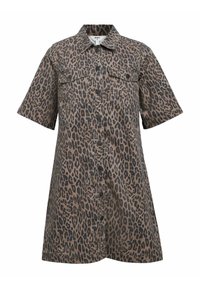 Korte mouw leopardprint jurk in beige en zwart katoen, met een knoopsluiting aan de voorkant en twee borstzakken. Klassiek kraagontwerp.